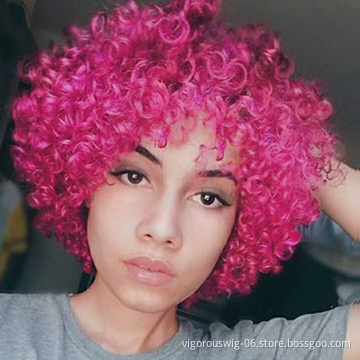Vigorous Afro Short Curly Glueless Natural Rose Red Synthetic Heat Resistant Cospaly Party Wigs for Black Women